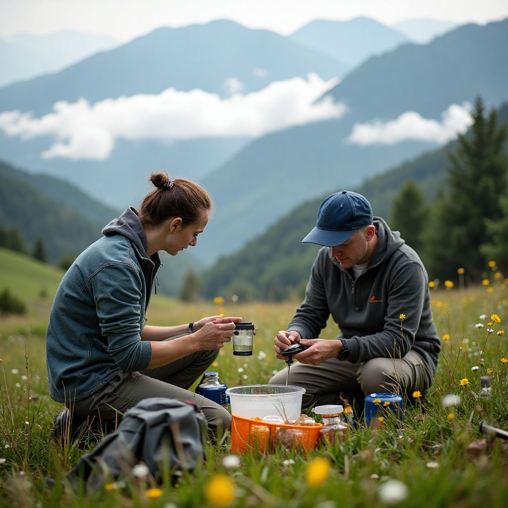 Cercetători în teren studiind biodiversitatea