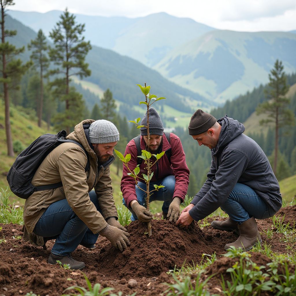 Voluntari plantând copaci în munții Carpați
